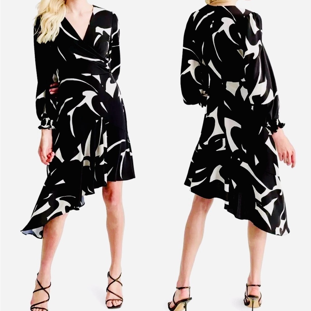 DKNY Black Eggshell Printed Long Sleeve Surplice Ruffle Asymmetric Dress 4 NWT